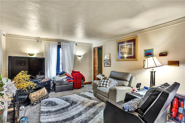 carpeted living area featuring ornamental molding