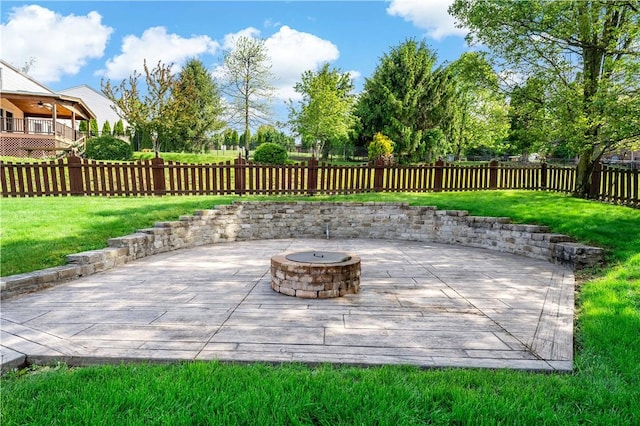 view of patio / terrace featuring an outdoor fire pit