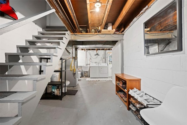 665 Dunster St, Brookline, PA 15226 - unfinished below grade area with separate washer and dryer, a sink, stairway, and heating unit