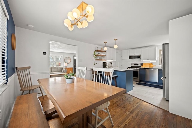 665 Dunster St, Brookline, PA 15226 - dining area featuring a wainscoted wall, a chandelier, and light wood finished floors