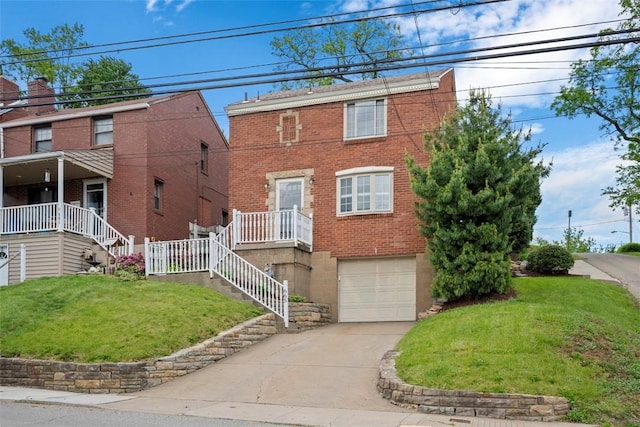 665 Dunster St, Brookline, PA 15226 - view of front of property with driveway, brick siding, a front yard, an attached garage, and stairs