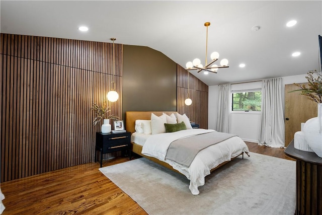 205 Seegar Rd, Upper St Clair, PA 15241 - bedroom featuring lofted ceiling, a chandelier, wood finished floors, and recessed lighting
