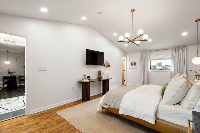205 Seegar Rd, Upper St Clair, PA 15241 - bedroom featuring a chandelier, lofted ceiling, wood finished floors, recessed lighting, and baseboards