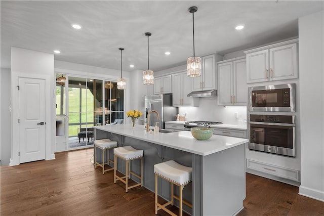 kitchen with appliances with stainless steel finishes, under cabinet range hood, a sink, light countertops, and an island with sink