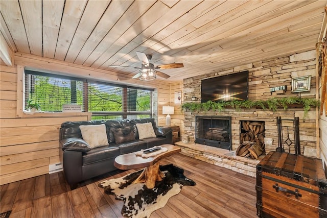 133 Imperial Rd, Hidden Valley, PA 15502 - living room featuring wood ceiling, a stone fireplace, wooden walls, wood-type flooring, and a ceiling fan