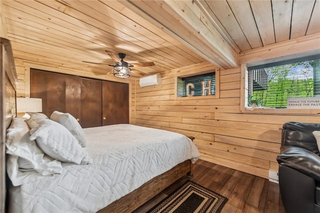 133 Imperial Rd, Hidden Valley, PA 15502 - bedroom featuring a wooden ceiling with exposed beams, wood walls, dark wood finished floors, an AC wall unit, and a ceiling fan