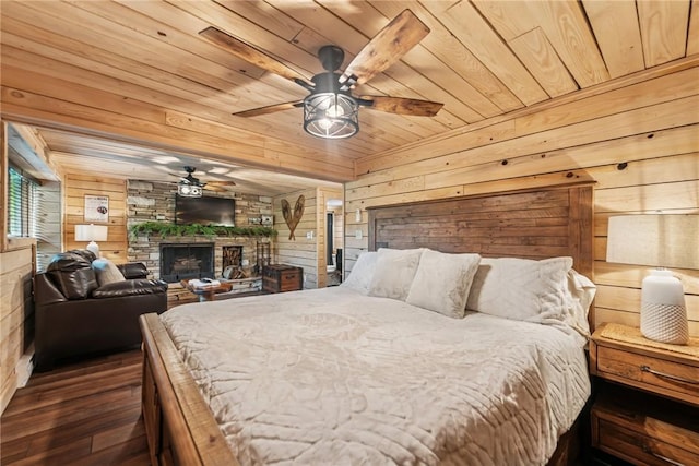 133 Imperial Rd, Hidden Valley, PA 15502 - bedroom with wooden ceiling, wood walls, dark wood finished floors, a fireplace, and ceiling fan