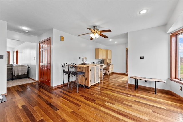 844 Old Millcreek Rd, Hookstown, PA 15050 - kitchen featuring light wood-style floors, a ceiling fan, baseboards, recessed lighting, and light brown cabinets