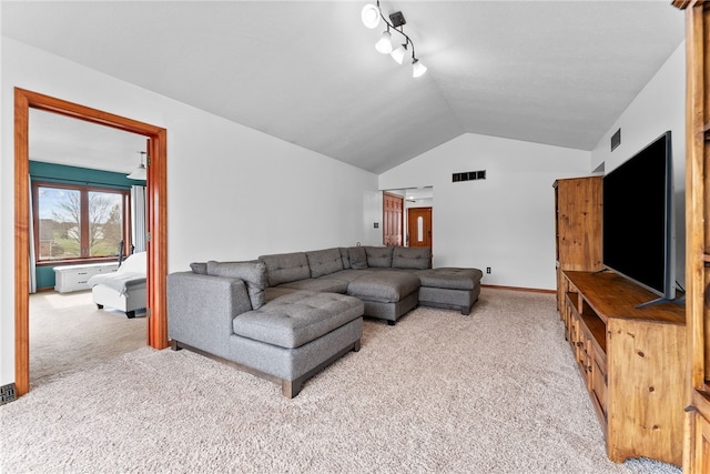 844 Old Millcreek Rd, Hookstown, PA 15050 - living room featuring light carpet, vaulted ceiling, and rail lighting