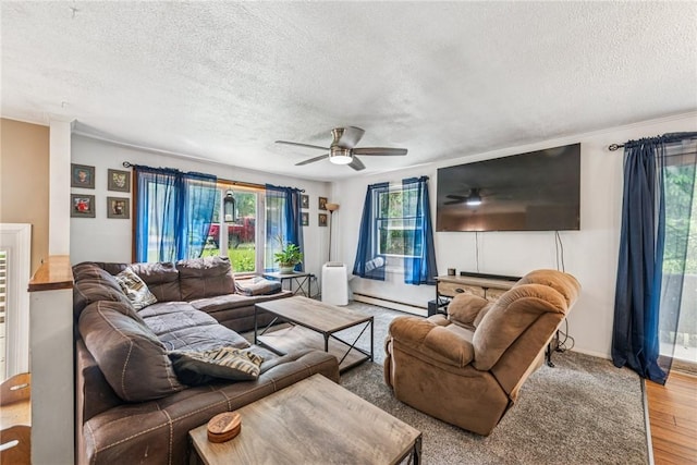 716 Stauffer Ave, Scottdale, PA 15683 - living room with a baseboard radiator, ceiling fan, a textured ceiling, wood finished floors, and healthy amount of natural light