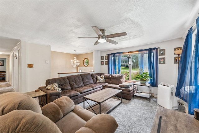716 Stauffer Ave, Scottdale, PA 15683 - living area with a chandelier, ceiling fan, a textured ceiling, and light carpet