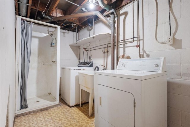 601 Dressel Rd, Shaler, PA 15101 - clothes washing area with washing machine and clothes dryer, light floors, and concrete block wall