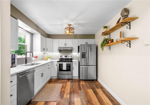 kitchen featuring appliances with stainless steel finishes, under cabinet range hood, a sink, decorative backsplash, and light countertops