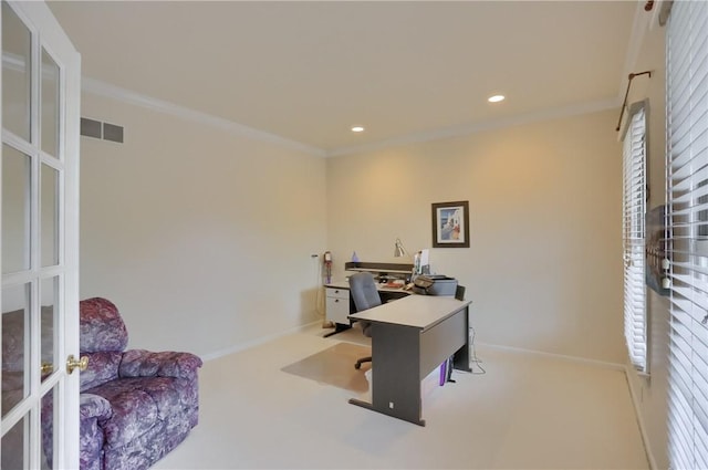 441 Settlers Village Cir, Cranberry Twp, PA 16066 - carpeted home office with french doors, recessed lighting, ornamental molding, and healthy amount of natural light