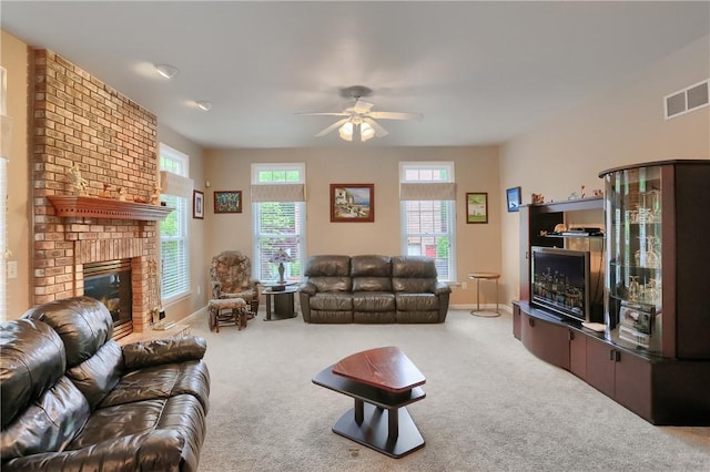 441 Settlers Village Cir, Cranberry Twp, PA 16066 - carpeted living area with ceiling fan and a brick fireplace