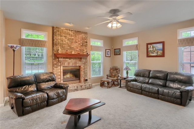 441 Settlers Village Cir, Cranberry Twp, PA 16066 - carpeted living room featuring a ceiling fan and a brick fireplace