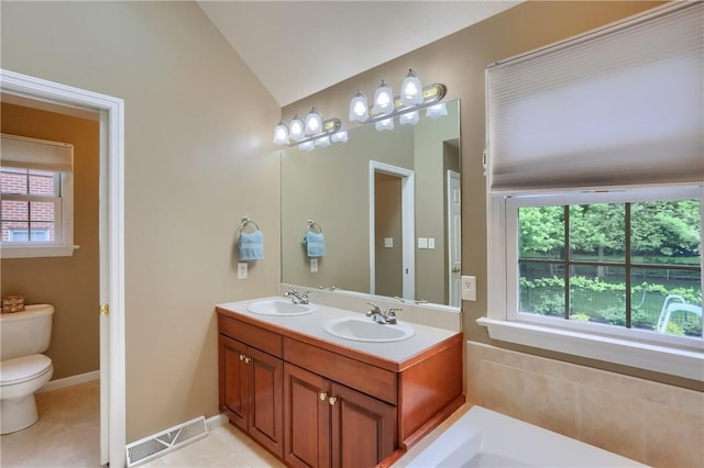 441 Settlers Village Cir, Cranberry Twp, PA 16066 - bathroom with healthy amount of natural light, double vanity, lofted ceiling, a garden tub, and tile patterned floors