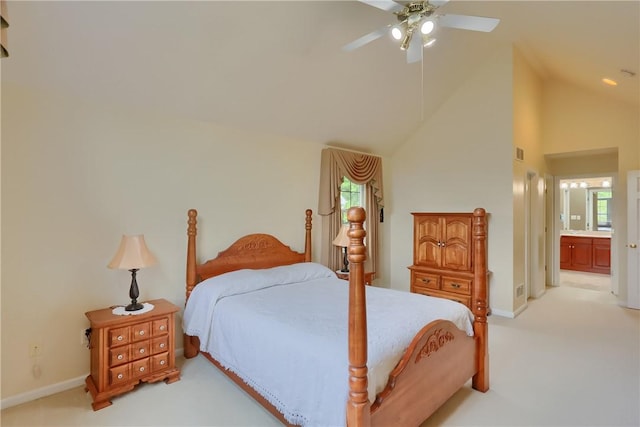 441 Settlers Village Cir, Cranberry Twp, PA 16066 - bedroom with light carpet, ensuite bath, high vaulted ceiling, and ceiling fan