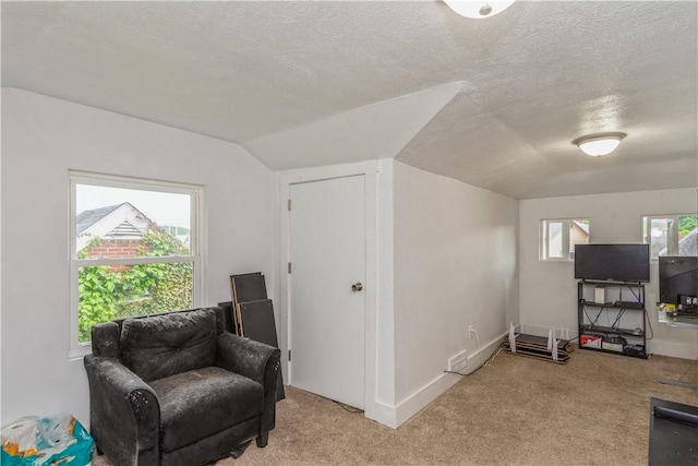 living area featuring lofted ceiling, light colored carpet, a textured ceiling, and baseboards