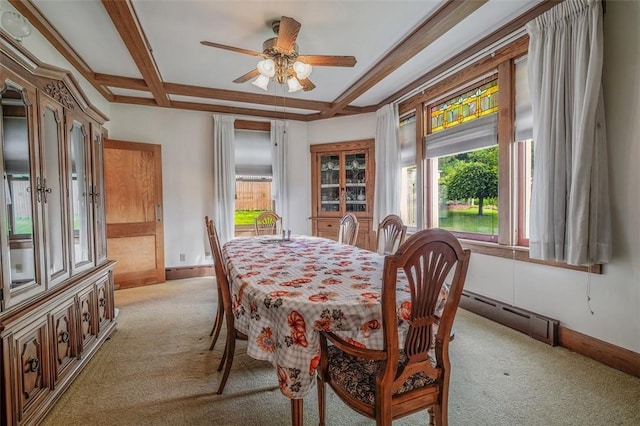 dining space with a baseboard radiator, light colored carpet, healthy amount of natural light, coffered ceiling, and a ceiling fan