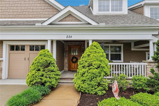 238 Berkeley Way, Monroeville, PA 15146 - entrance to property with covered porch, a shingled roof, and ceiling fan