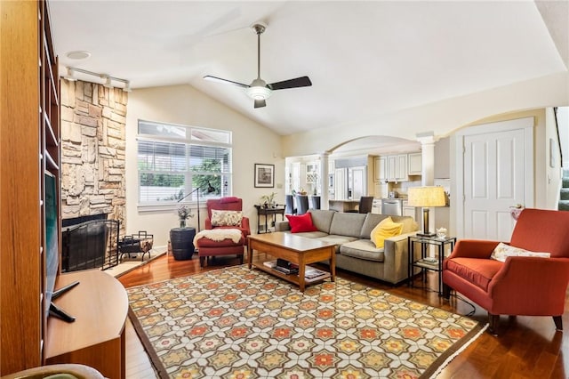 238 Berkeley Way, Monroeville, PA 15146 - living room with ornate columns, arched walkways, wood finished floors, a ceiling fan, and vaulted ceiling