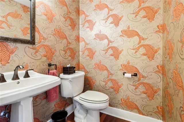 238 Berkeley Way, Monroeville, PA 15146 - bathroom with toilet, wallpapered walls, wood finished floors, and a sink