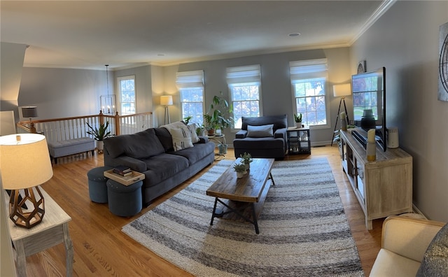 living area featuring crown molding, a chandelier, and wood finished floors