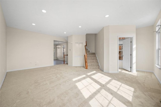 3009 Village Run, Pine Twp Nal, PA 15090 - unfurnished living room featuring light carpet, stairs, baseboards, and recessed lighting