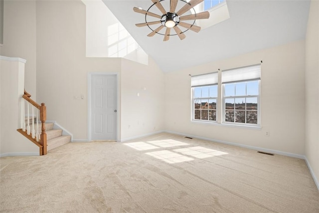 3009 Village Run, Pine Twp Nal, PA 15090 - unfurnished living room featuring high vaulted ceiling, carpet flooring, a ceiling fan, baseboards, and stairway