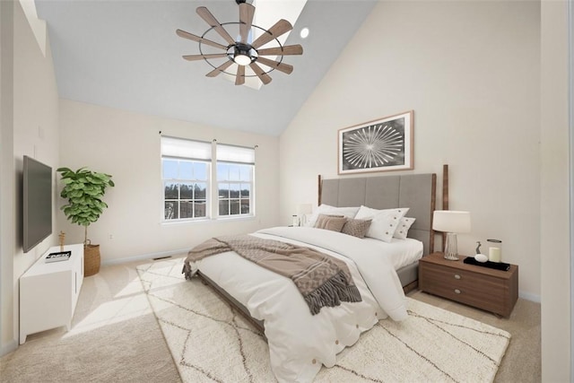 3009 Village Run, Pine Twp Nal, PA 15090 - bedroom with carpet, high vaulted ceiling, baseboards, and ceiling fan