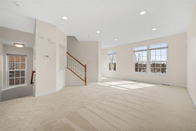 3009 Village Run, Pine Twp Nal, PA 15090 - unfurnished living room with carpet floors, baseboards, recessed lighting, and stairway