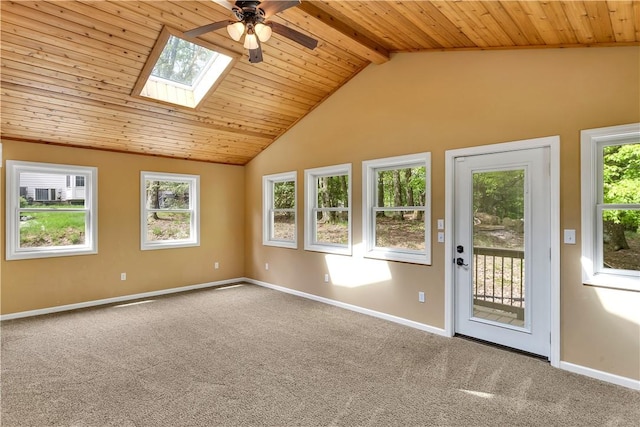 spare room featuring ceiling fan, wooden ceiling, healthy amount of natural light, and baseboards