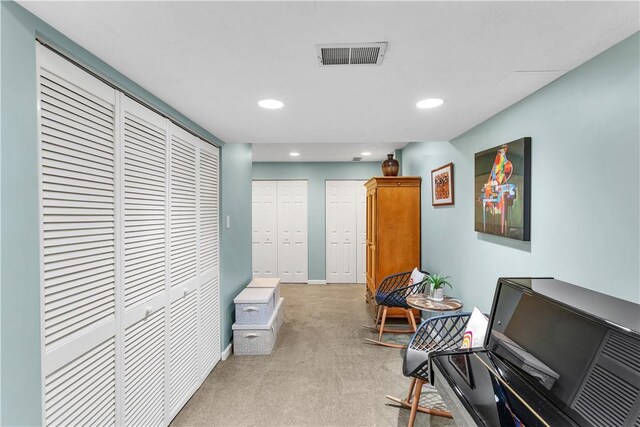 office area with light colored carpet, recessed lighting, and baseboards