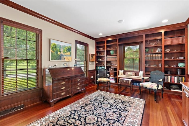 305 Woodstream Dr, Ohara, PA 15238 - living area featuring ornamental molding, wood finished floors, healthy amount of natural light, and built in features