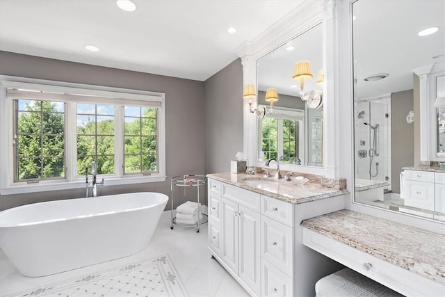 305 Woodstream Dr, Ohara, PA 15238 - full bath featuring a stall shower, two vanities, a soaking tub, recessed lighting, and tile patterned flooring