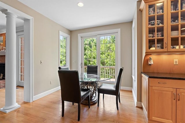 305 Woodstream Dr, Ohara, PA 15238 - dining space with baseboards, light wood-style flooring, decorative columns, and recessed lighting