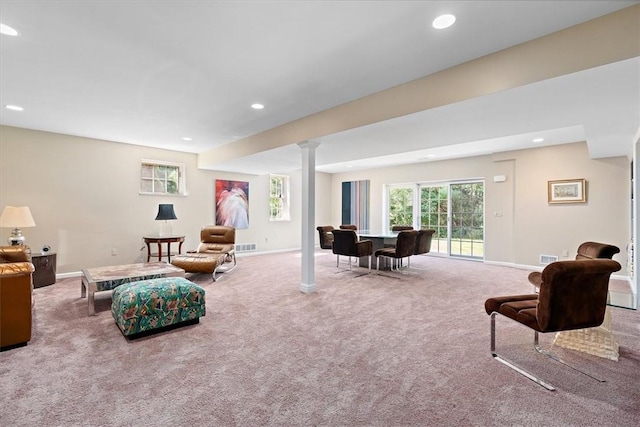 305 Woodstream Dr, Ohara, PA 15238 - carpeted living room featuring recessed lighting, ornate columns, and baseboards