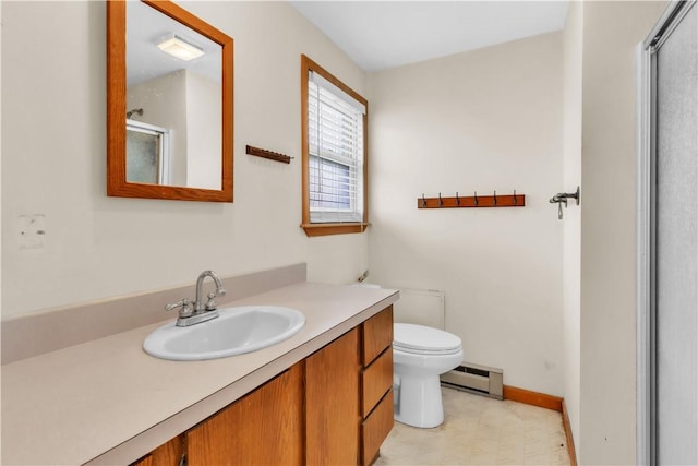 1636 Brodhead Rd, Moon/Crescent Twp, PA 15108 - full bathroom featuring baseboard heating, a stall shower, vanity, toilet, and tile patterned floors