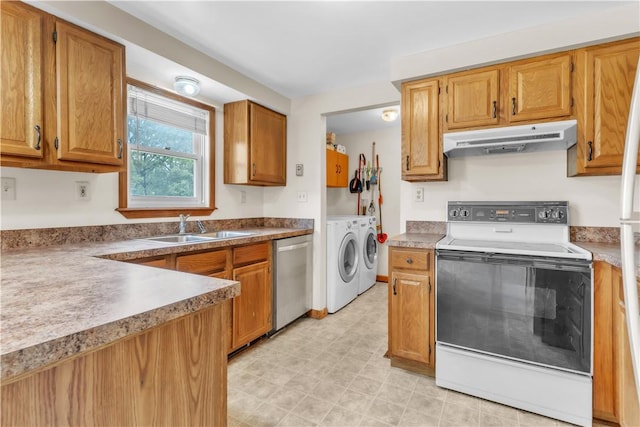 1636 Brodhead Rd, Moon/Crescent Twp, PA 15108 - kitchen with white electric range, washing machine and dryer, stainless steel dishwasher, under cabinet range hood, and a sink