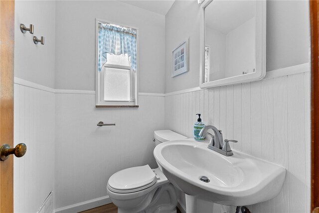1137 Merrick Ave, Brookline, PA 15226 - bathroom featuring toilet, a wainscoted wall, a sink, and wood finished floors