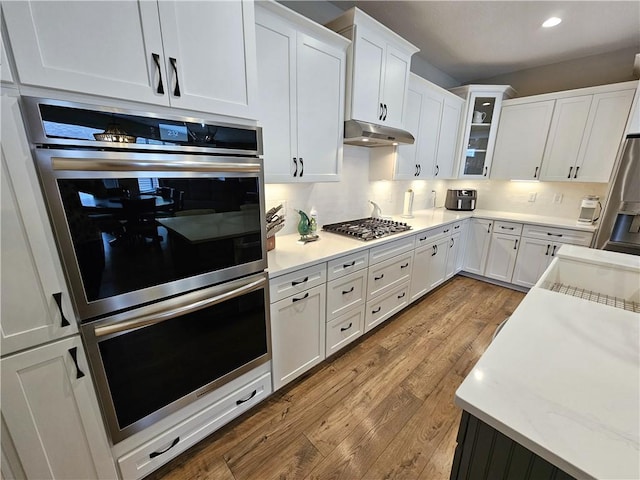 129 Bay Ct, Chartiers, PA 15301 - kitchen featuring under cabinet range hood, appliances with stainless steel finishes, white cabinets, wood finished floors, and recessed lighting