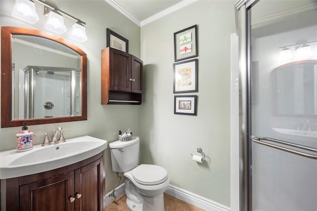 bathroom featuring crown molding, a stall shower, toilet, baseboards, and vanity