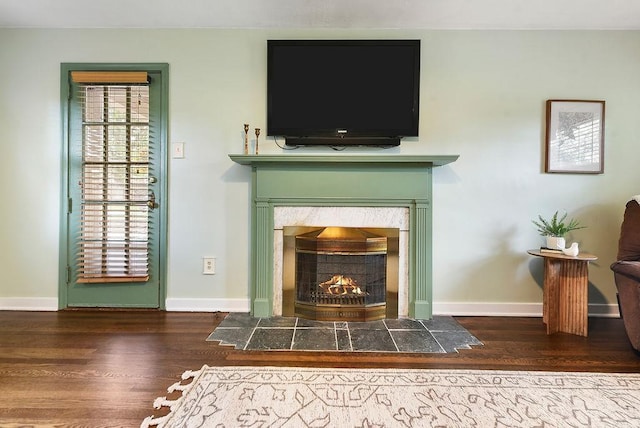 detailed view of wood finished floors, baseboards, and a premium fireplace