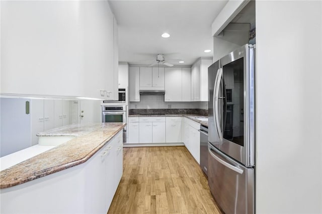 46 Churchill Rd, Churchill Boro, PA 15235 - kitchen featuring stainless steel appliances, white cabinetry, ceiling fan, light wood-style floors, and recessed lighting