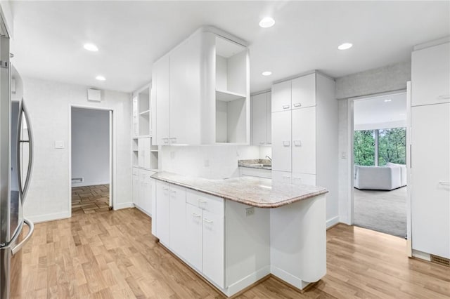 46 Churchill Rd, Churchill Boro, PA 15235 - kitchen featuring open shelves, freestanding refrigerator, white cabinetry, light wood-type flooring, and baseboards