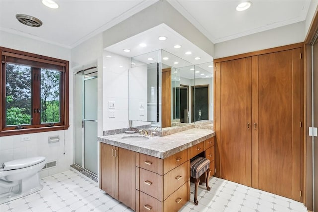 46 Churchill Rd, Churchill Boro, PA 15235 - full bath featuring tile patterned floors, toilet, vanity, a shower stall, and ornamental molding