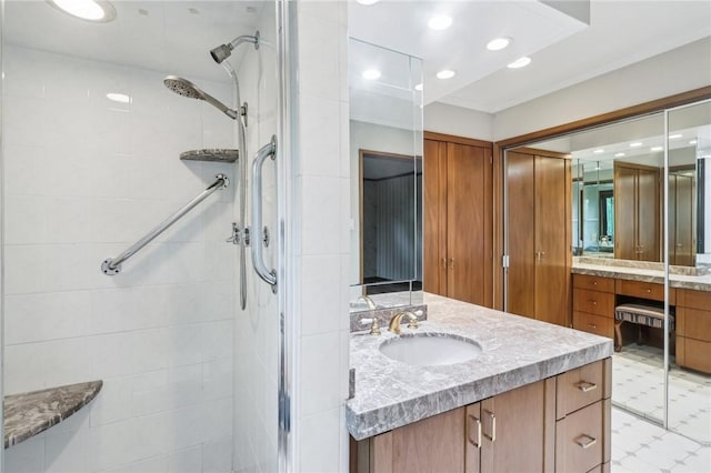 46 Churchill Rd, Churchill Boro, PA 15235 - bathroom with a shower stall, two vanities, recessed lighting, and tile patterned floors