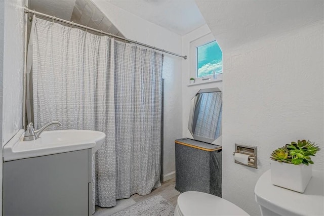 5222 Fieldcrest Dr, Whitehall, PA 15236 - bathroom featuring toilet, vanity, wood finished floors, a shower with curtain, and a textured wall