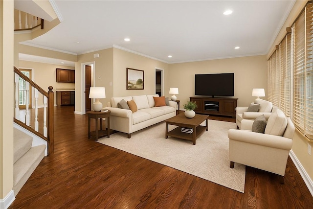 391 Marshall Heights Dr, Marshall, PA 15090 - living area with dark wood-type flooring, recessed lighting, stairway, baseboards, and ornamental molding